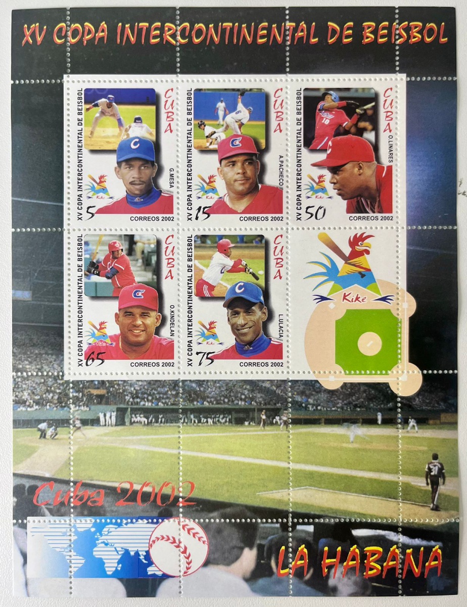 Cuba 2002 - Bloco completo tema: XV Copa Intercontinental de Beisbol - Sem Carimbos!