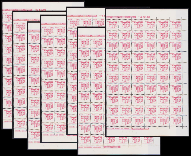 Brasil 1987 - Selo regular no valor de 2 Cruzados, Convento de São Francisco, seleção de 7 folhas completas de 110 selos cada, todas sem carimbo com goma perfeita! Catálogo RHM 648. Valor de catálogo em R$ 1.540,00!