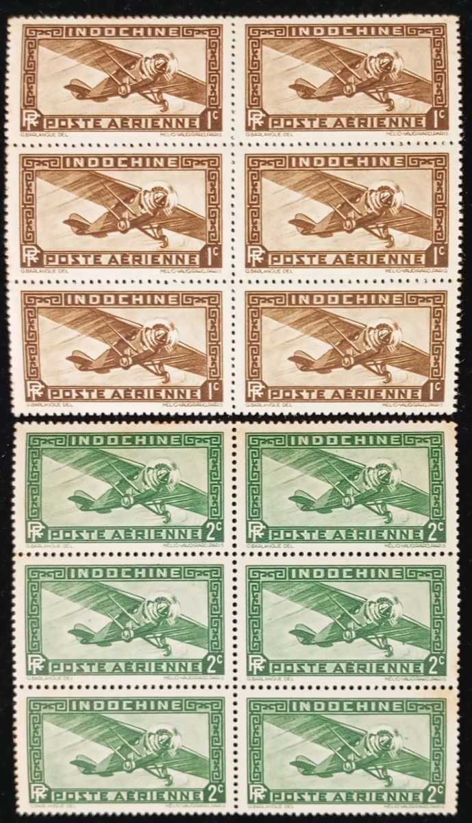 Indochina - 2 selos aéreos em blocos de 6 selos sem carimbo com goma.