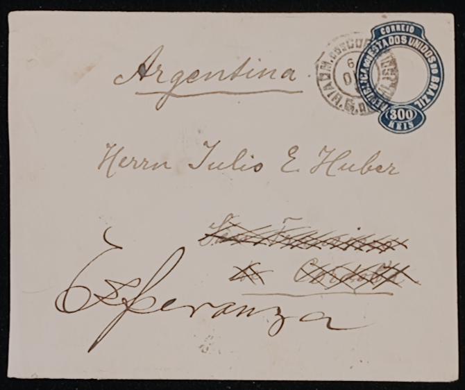 Brasil 1898 - Envelope inteiro postal no valor de 300 réis azul circulado para Argentina. Carimbo de saída de Porto Alegre e recepção no verso.