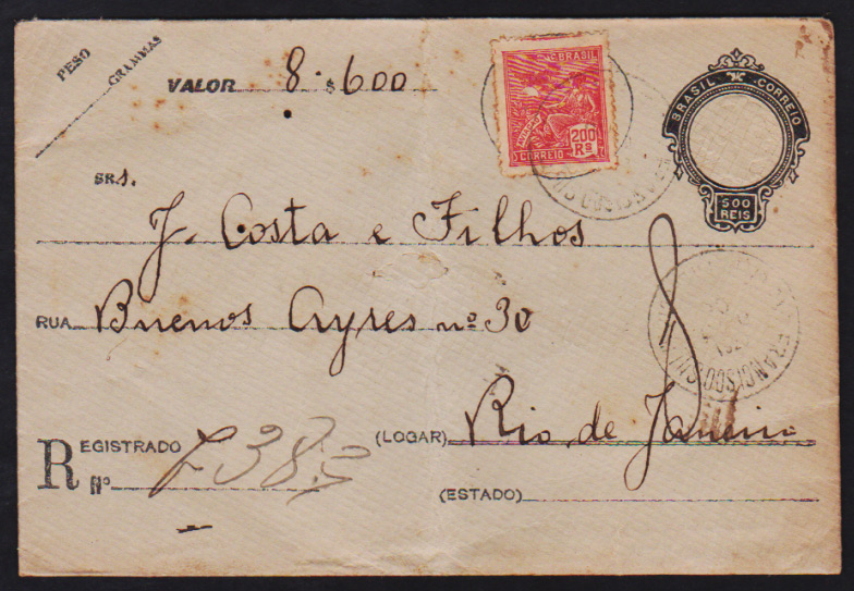 Brasil 1926 - Envelope Inteiro Postal para remessa de valor no valor de 500 réis circulado para o Rio de Janeiro para a Filatélica J. Costa, certamente um filatelista pagando por alguma aquisição. Selo adicional Vovó ...