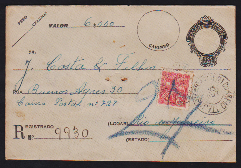 Brasil 1926 - Envelope Inteiro Postal para remessa de valor no valor de 500 réis circulado para o Rio de Janeiro para a Filatélica J. Costa, certamente um filatelista pagando por alguma aquisição. Selo adicional Vovó ...