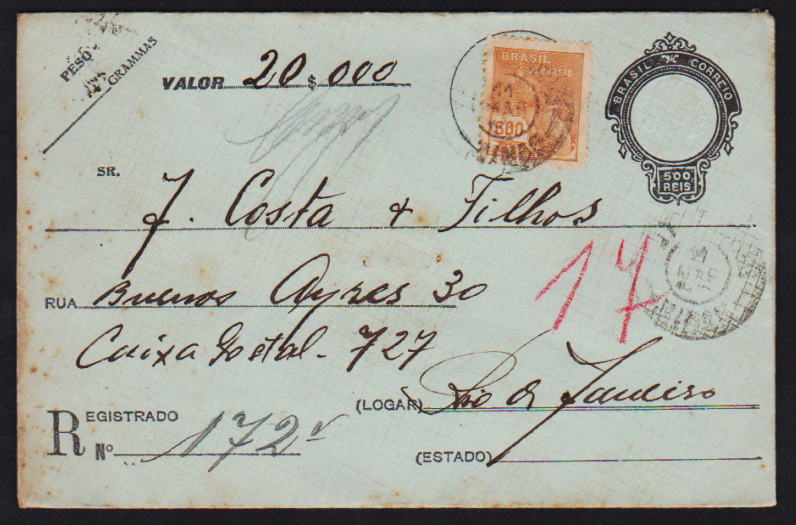Brasil 1926 - Envelope Inteiro Postal para remessa de valor no valor de 500 réis circulado para o Rio de Janeiro para a Filatélica J. Costa, certamente um filatelista pagando por alguma aquisição. Selo adicional Vovó ...