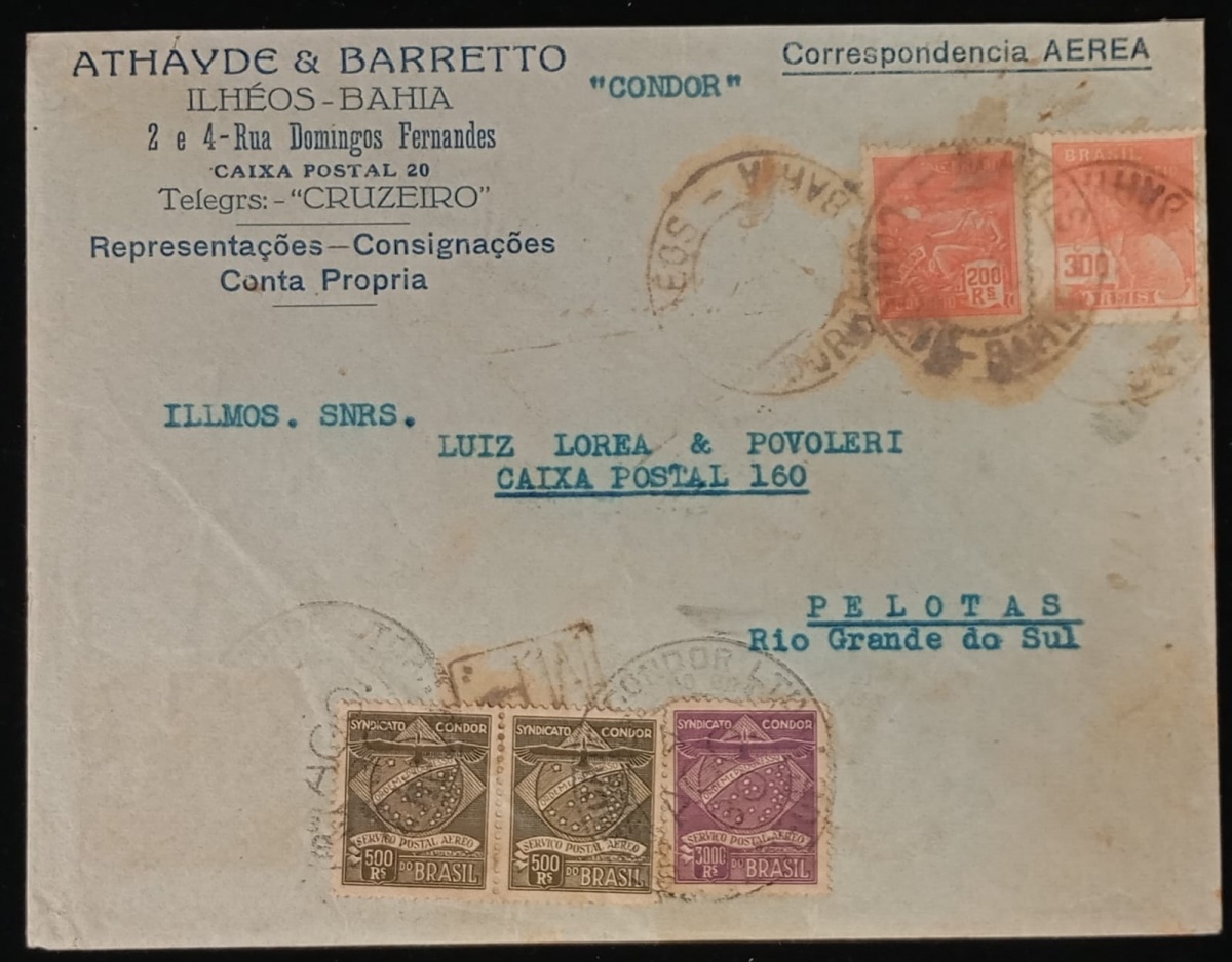 Brasil 1930 - Envelope voado da Bahia a Pelotas com selos Vovó e selos CONDOR na parte inferior do envelope (falta um selo). Verso com etiqueta da Condor e carimbos do Voo e de trânsito e recepção.