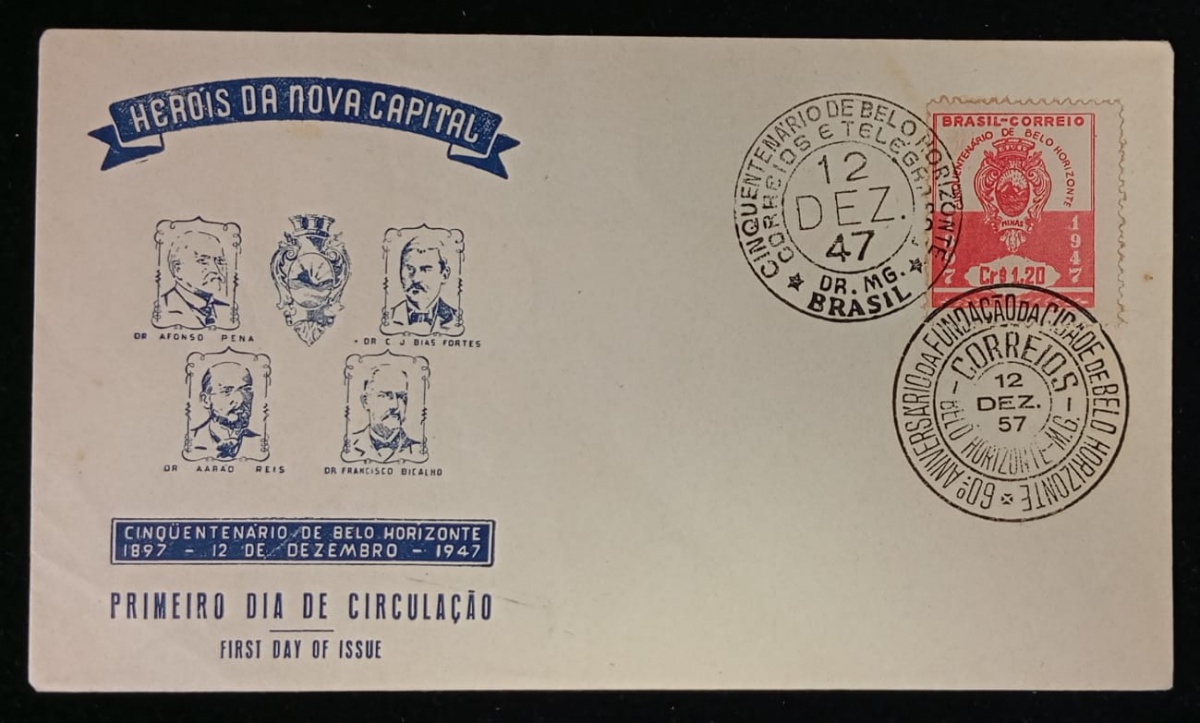 Brasil 1947 - 50 anos de Belo Horizonte, envelope tipo FDC com selo e carimbo comemorativo.