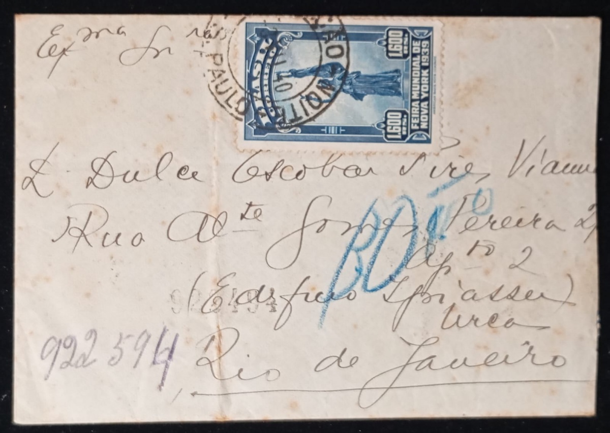 Brasil 1940 - Envelope circulado para o Rio de Janeiro com selo isolado da Feira Mundial de Nova Iorque. Carimbo datador de São Paulo.
