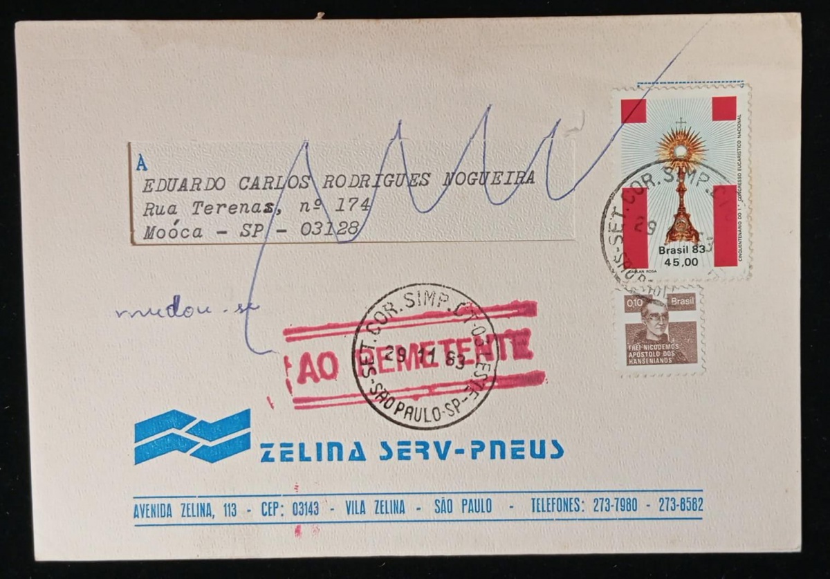 Brasil 1983 - Envelope timbrado circulado no Brasil com selo comemorativo e carimbo dos correios AO REMETENTE  em vermelho.
