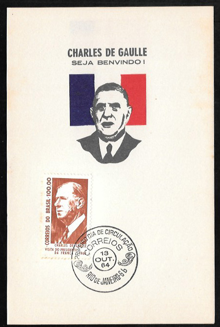 Brasil 1964 - Charles de Gaulle, folhinha filatélica com selo e carimbo de primeiro dia de circulação.