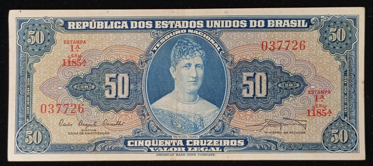 Brasil - Cédula no valor de 50 Cruzeiros, Princesa Isabel, série 1185 em ótimo estado de conservação. Cédula nunca circulada com mínima marca de dobra central.