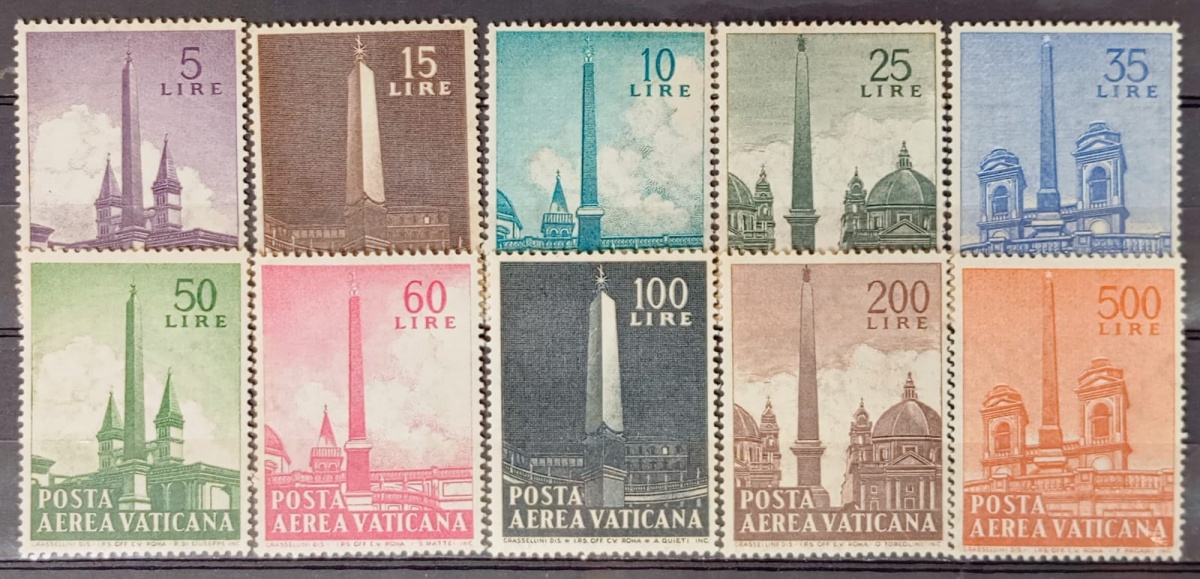 Vaticano - Igrejas. Série de selos de 10 valores sem carimbo com goma.