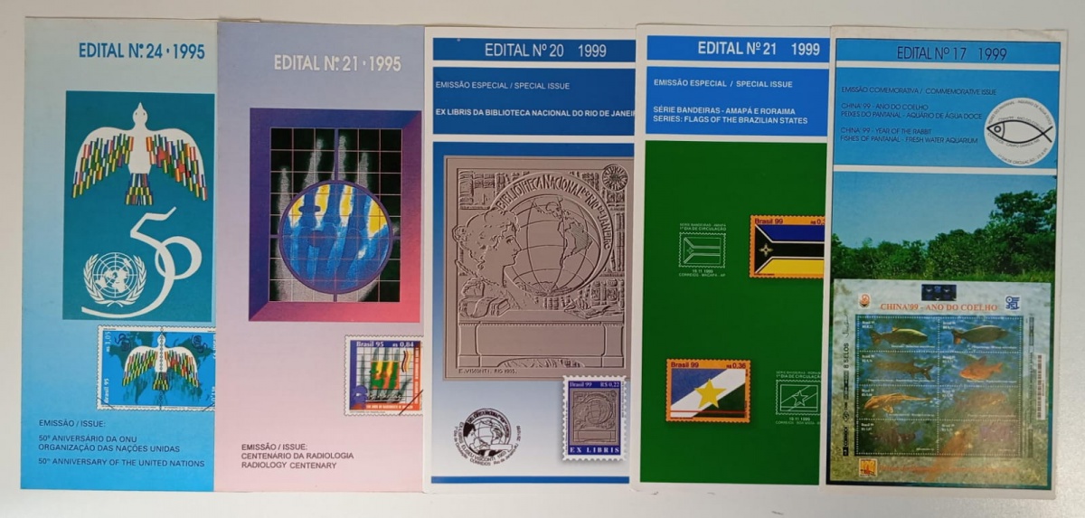 Brasil - Seleção de 5 editais do Brasil, oficiais dos correios com informações da emissão em questão. Editais não selados e sem carimbo em perfeito estado de conservação.