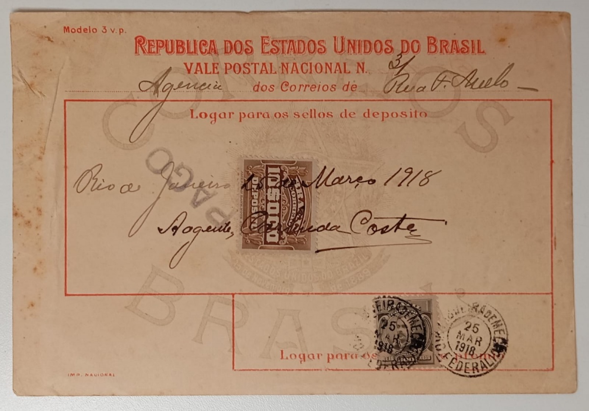 Brasil - Vale Postal, oficial dos correios para remessa de valores com selos próprios para DEPÓSITO fixados no cartão no valor da quantia enviada e selos postais para pagamentos do serviço de remessa do valor. Selos de ...