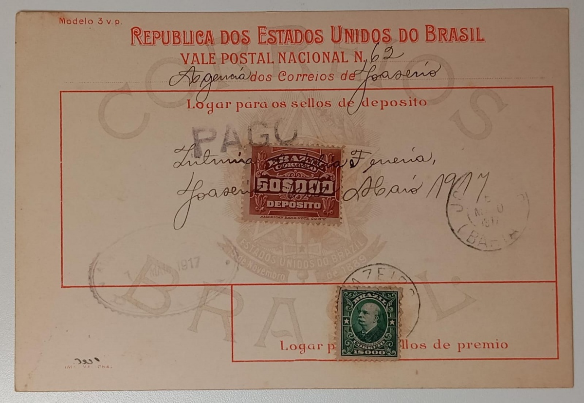 Brasil - Vale Postal, oficial dos correios para remessa de valores com selos próprios para DEPÓSITO fixados no cartão no valor da quantia enviada e selos postais para pagamentos do serviço de remessa do valor. Selos de ...