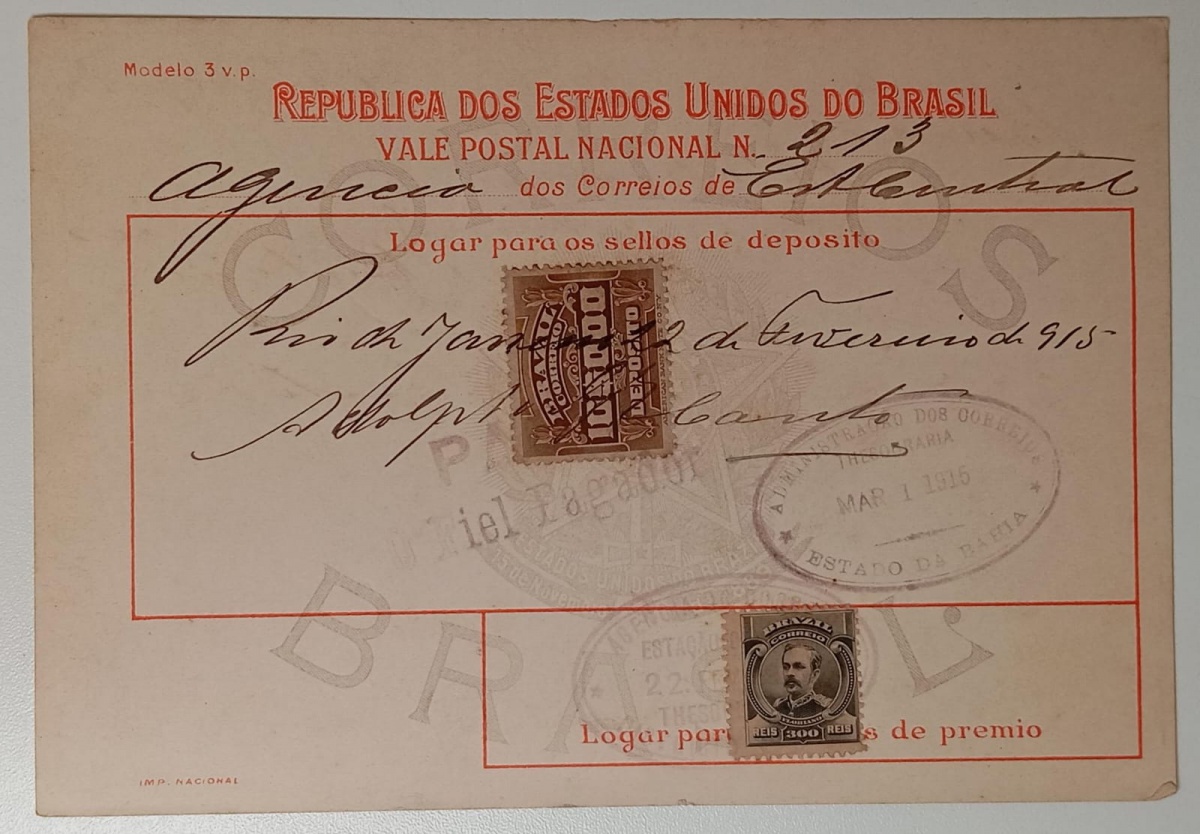 Brasil - Vale Postal, oficial dos correios para remessa de valores com selos próprios para DEPÓSITO fixados no cartão no valor da quantia enviada e selos postais para pagamentos do serviço de remessa do valor. Selos de ...