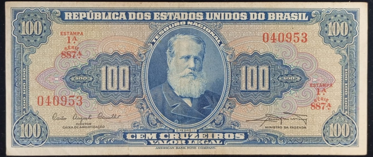 Brasil - Cédula no valor de 100 cruzeiros Dom Pedro II, Série 887,  bom  estado de conservação!
