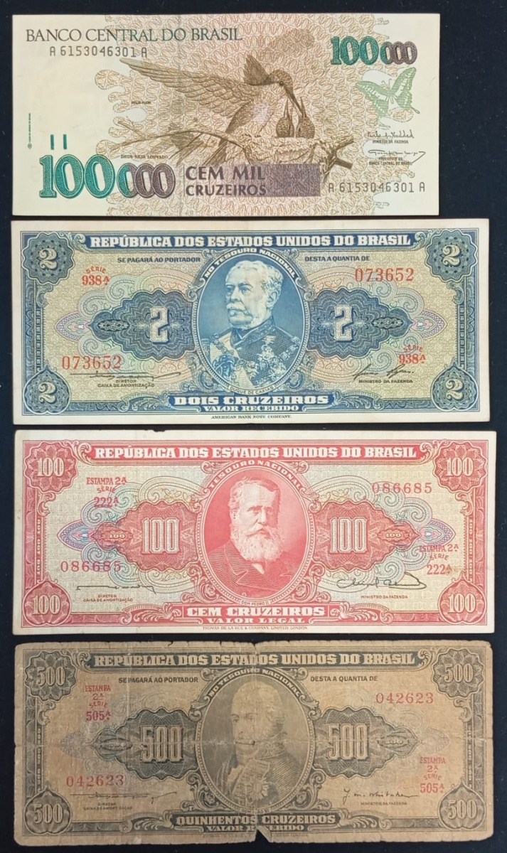 Brasil - Seleção de 4 cédulas diferentes da série Cruzeiros, bom estado de conservação.
