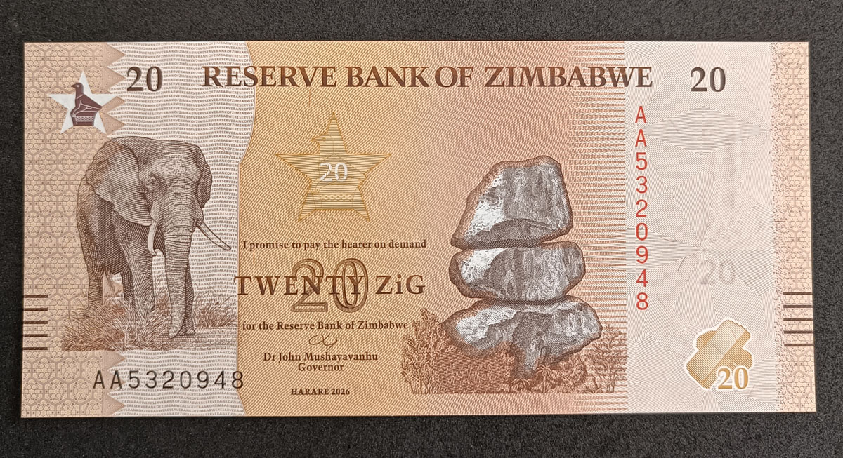Cédula Zimbabwe – 20 Zig – 2026 – FE – Lançamento