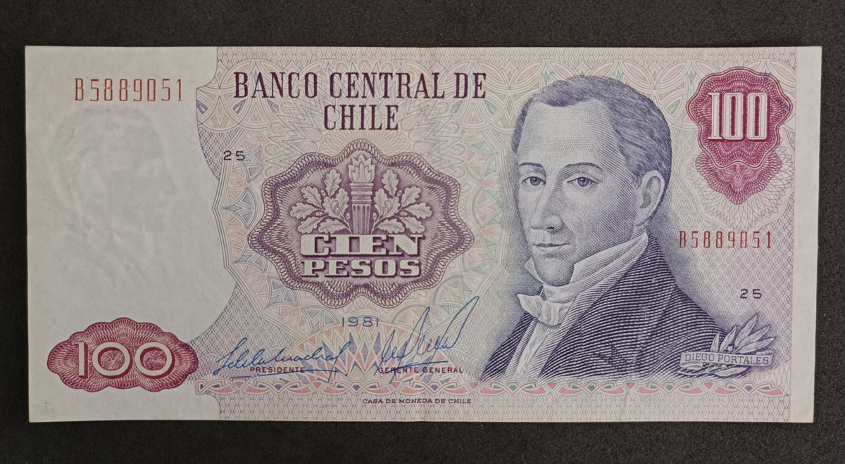 Cédula Chile – 100 Pesos – P152b – Série Fina – 1981 – Diego Portales – Mbc
