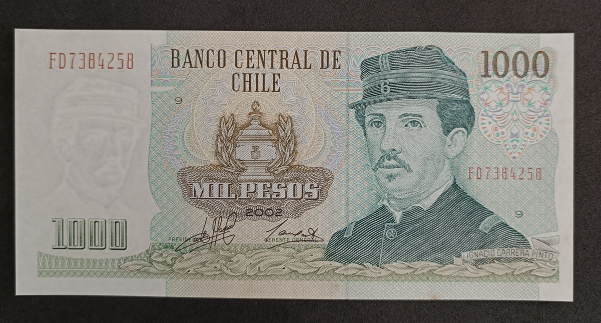 Cédula Chile – 1.000 Pesos – P154f – 2002 – Ignácio Carrera Pinto – Sob