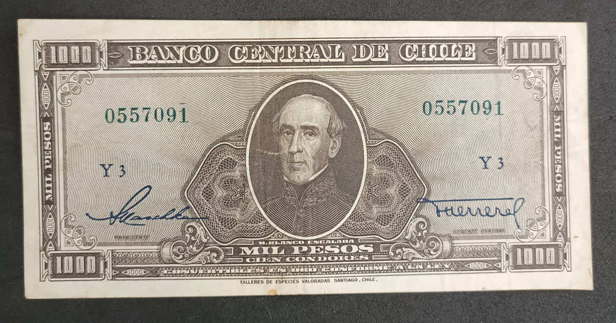 Cédula Chile – 1.000 Pesos, 100 Condores – P116 – 1947-59 – Melando Encalada – Mbc