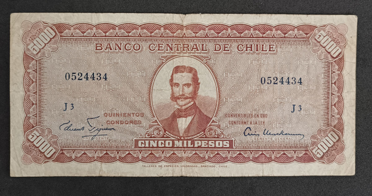 Cédula Chile P130 – 5 Escudos Convertido de 5000 Pesos 1960-62 (Raridade 86 Numista)