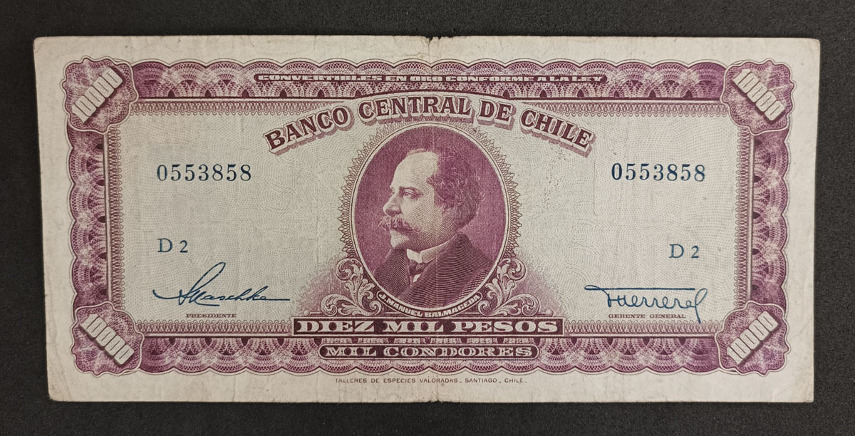 Cédula Chile P118 – 10mil Pesos, 1000 Condores – 1947-59 – Mbc