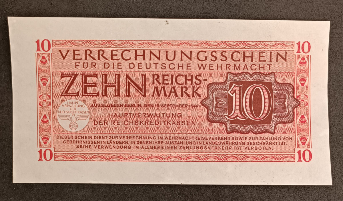 Cédula Alemanha – 10 Reichsmark – 1944 – Voucher Militar – FE