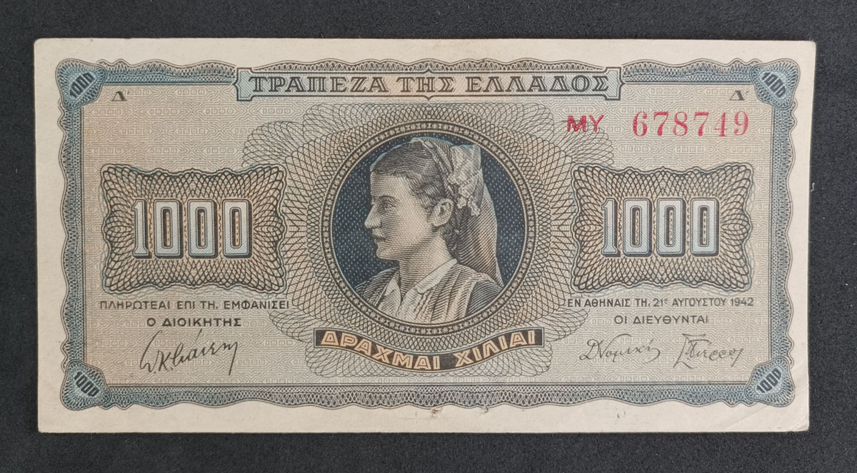 Cédula Grécia – 1.000 Drachmai – 1942 - Época Ocupação Alemã WWII – Mbc