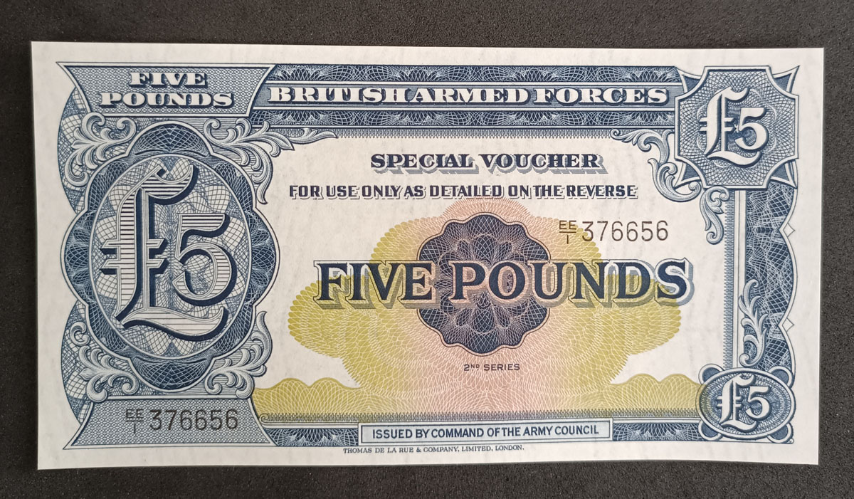Cédula Reino Unido – 5 Libras – Voucher Militar – 1950 – FE