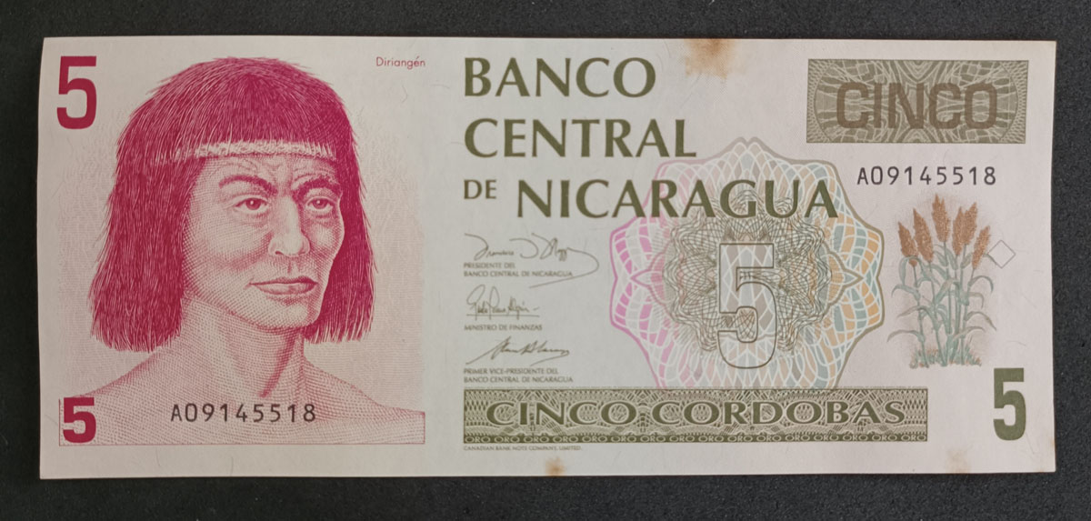 Cédula Nigarágua – 5 Córdobas – 1991 – Diriangén – Pontos Amarelando – S-FE – Escassa