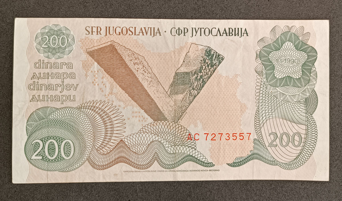 Cédula Yugoslávia – 200 Dinaras – 1990 – Mbc