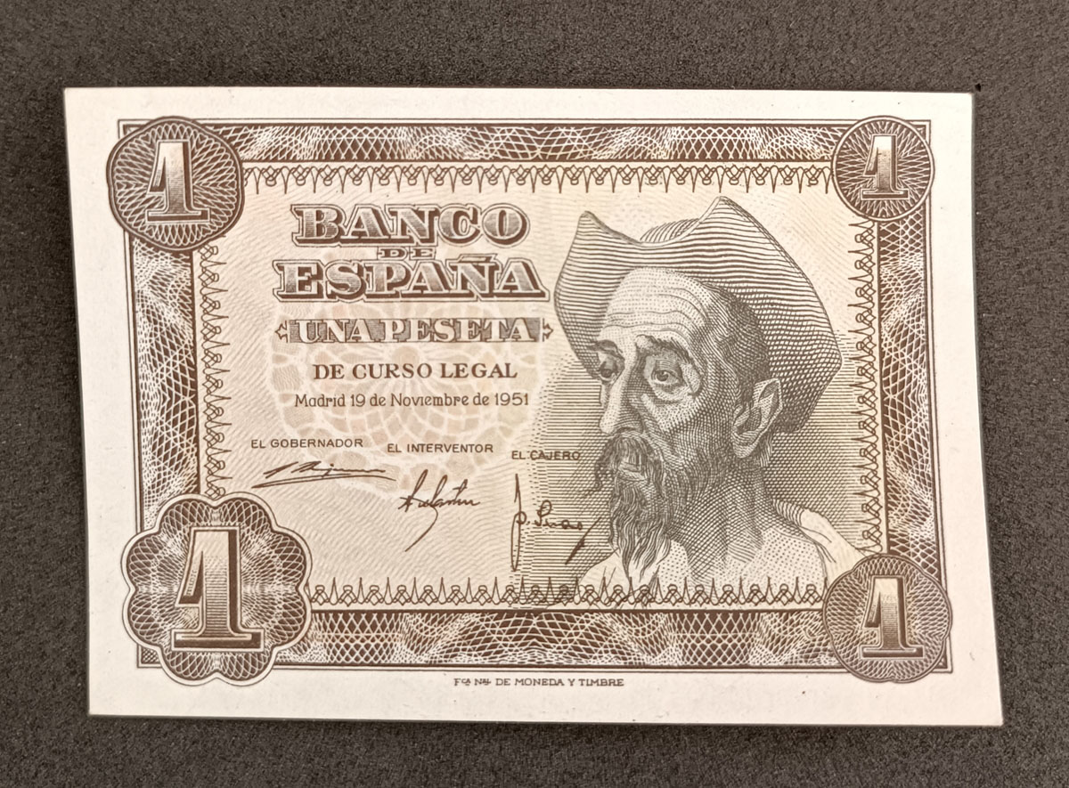 Cédula Espanha – 1 Peseta – 1951 – Dom Quixote – S-FE – Raro EC