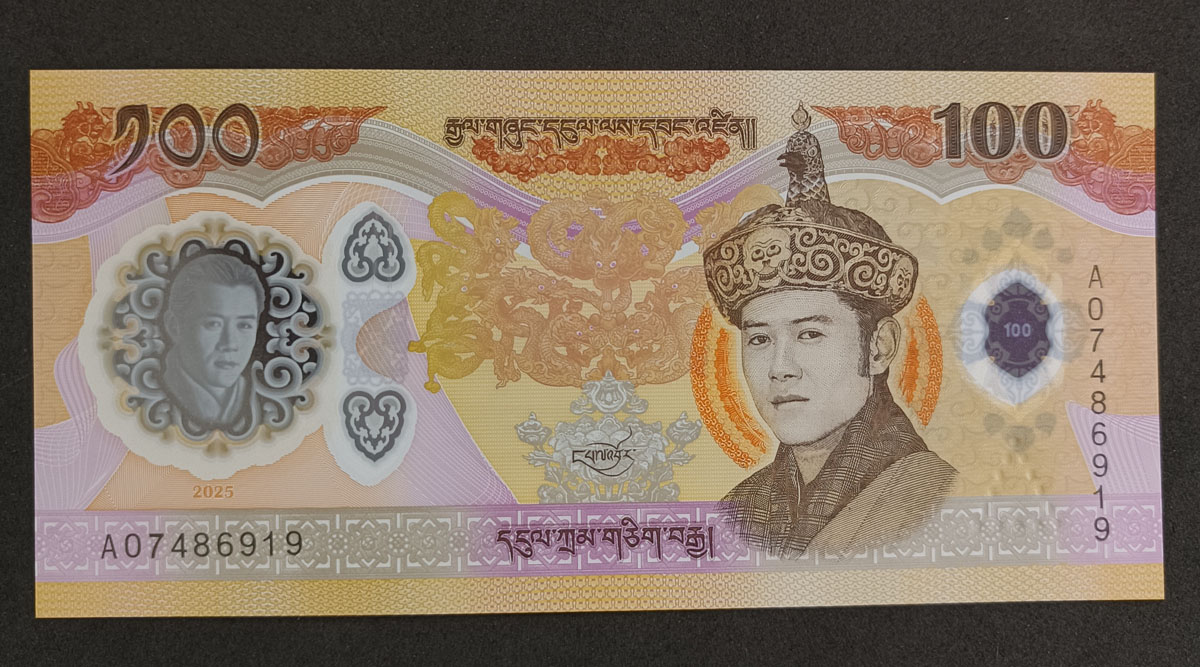 Cédula Buthão – 100 Ngultrum – 2025 – Polímero - 70º anos do Rei Jigme Singye Wangchuk – FE