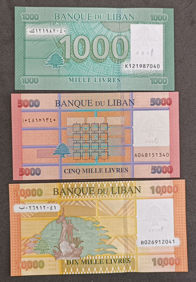Cédulas Libano – 1000, 5000, 10.000 Livres – P90 P91 P92 – FE