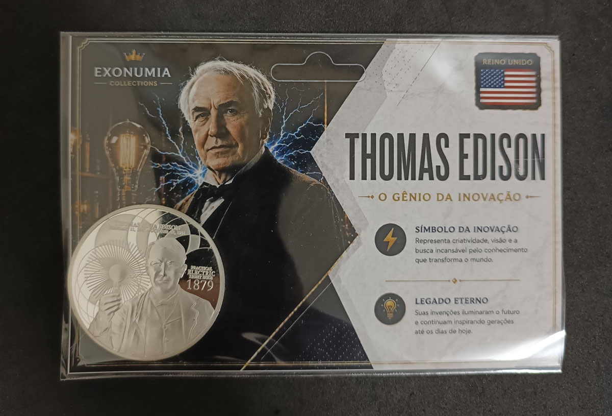 Exonumia Reino Unido – Thomas Édison (Gênio da Inovação) – 40mm – Proof