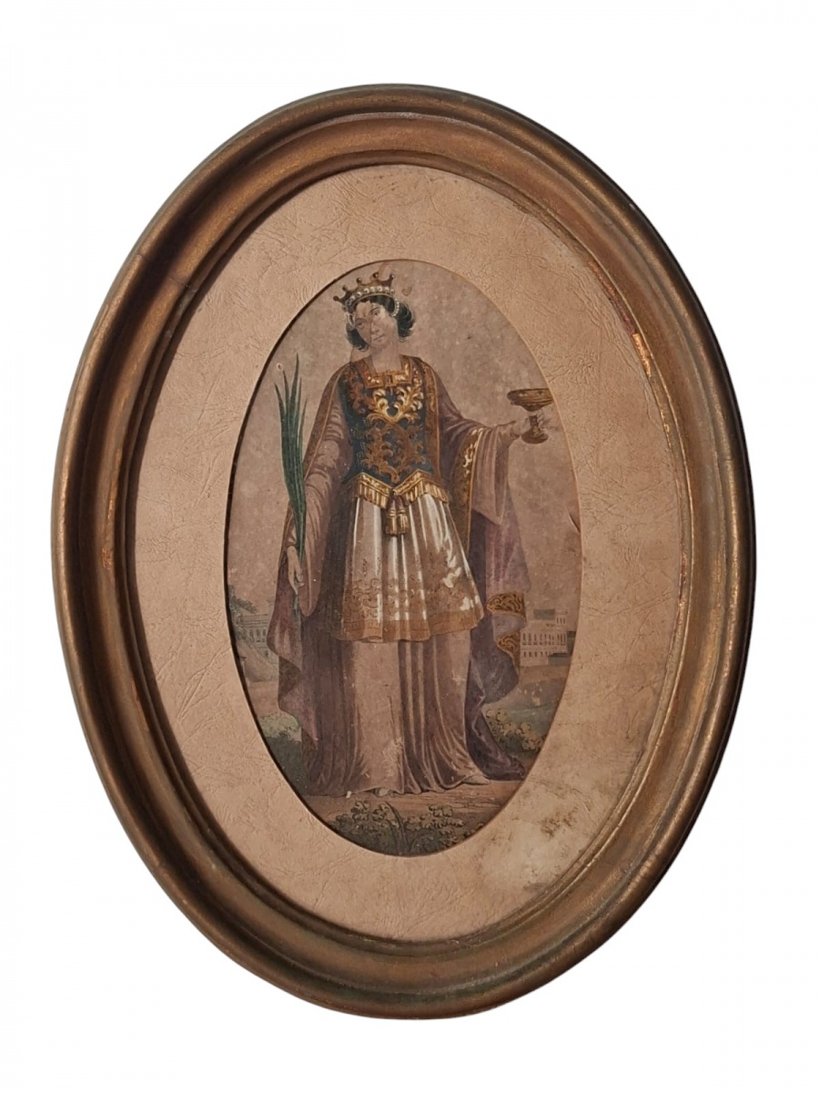 Muito bela e antiga gravura em moldura oval retratando Santa Luzia. Pintada à mão. Com alguns traços de umidade. Santa Luzia (ou Luzia de Siracusa) é uma das santas mais veneradas da Igreja Católica, conhecida como a ...