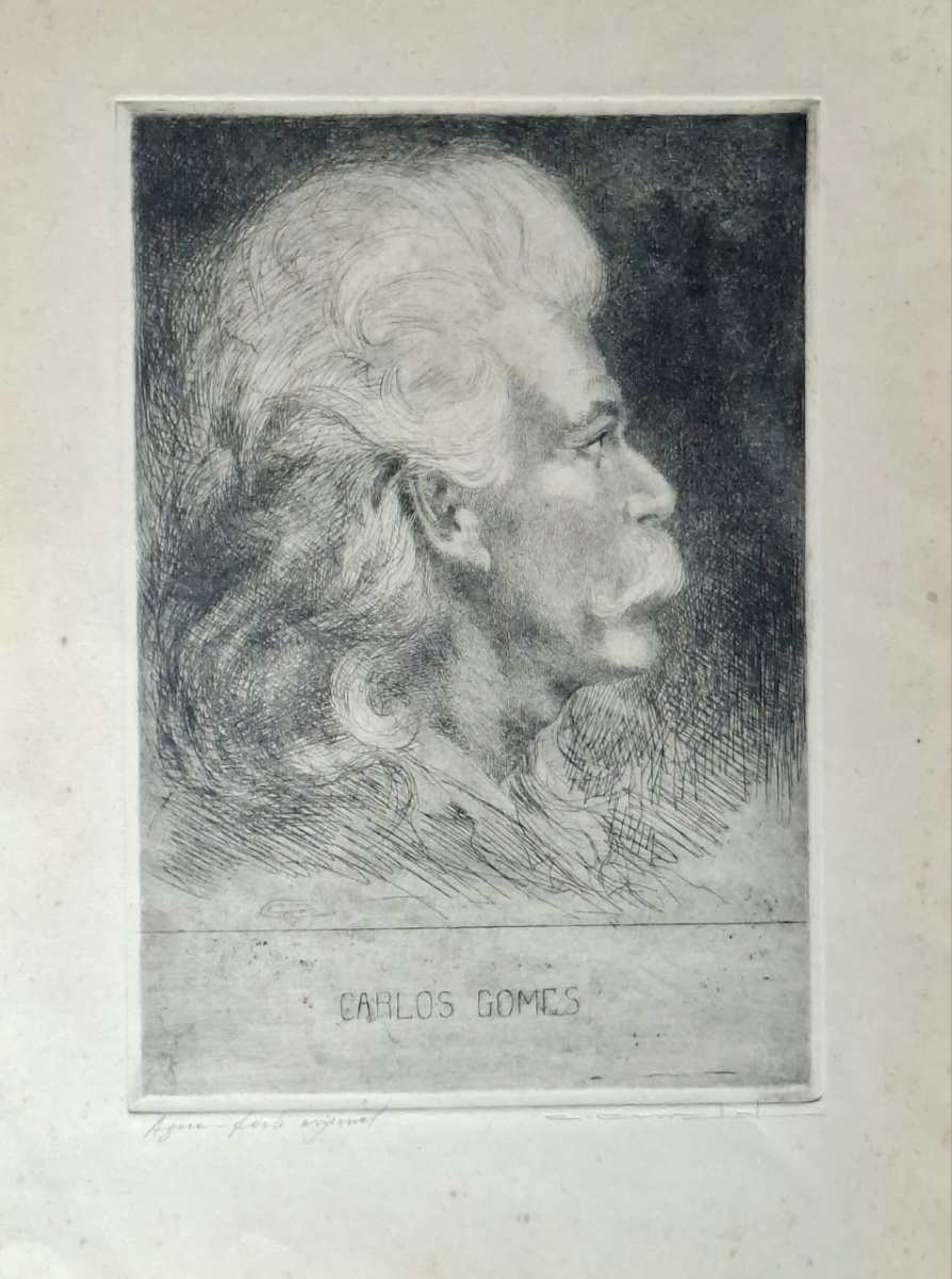 CARLOS OSWALD (1882-1971) – Água-forte assinada, de autoria do artista Carlos Oswald, mestre da gravura brasileira, retratando a efígie do compositor brasileiro Antônio Carlos Gomes, datada entre 1914 e 1915, conforme ...