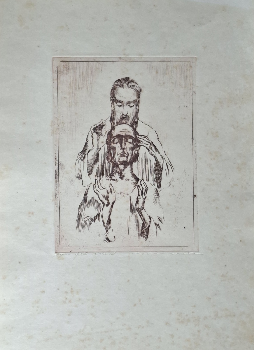 CARLOS OSWALD (1882-1971)  Água-forte assinada, de autoria do artista Carlos Oswald, mestre da gravura brasileira, retratando cena religiosa, com uma figura que se assemelha ao Cristo iluminando a mente de um seguidor. ...