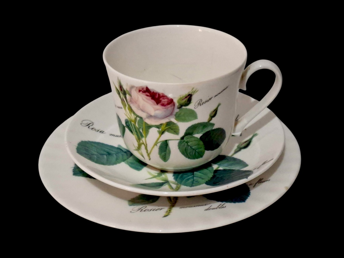 ROY KIRKHAM – Belo trio de grande proporção, com xícara (10cm de diâmetro, 9cm de altura), pires (17cm) e prato de sobremesa (20cm), da marca inglesa Roy Kirkham, comerciante de porcelana chinesa na Inglaterra. 10cm de ...