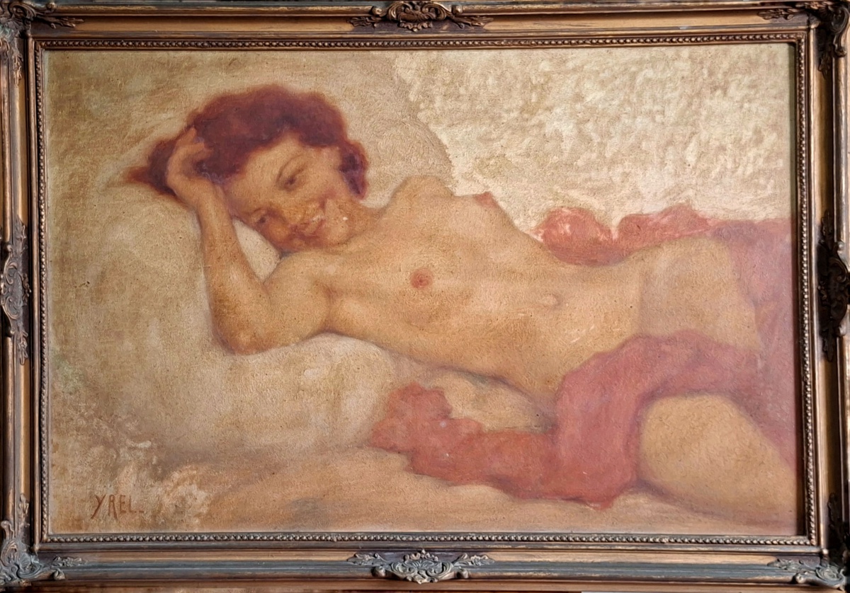 ESCOLA EUROPEIA  Magnífico quadro, provavelmente produzido entre o fim do século XIX e o começo do século passado, retratando nu feminino. Assinatura: Y REL (não identificada). 90x65
