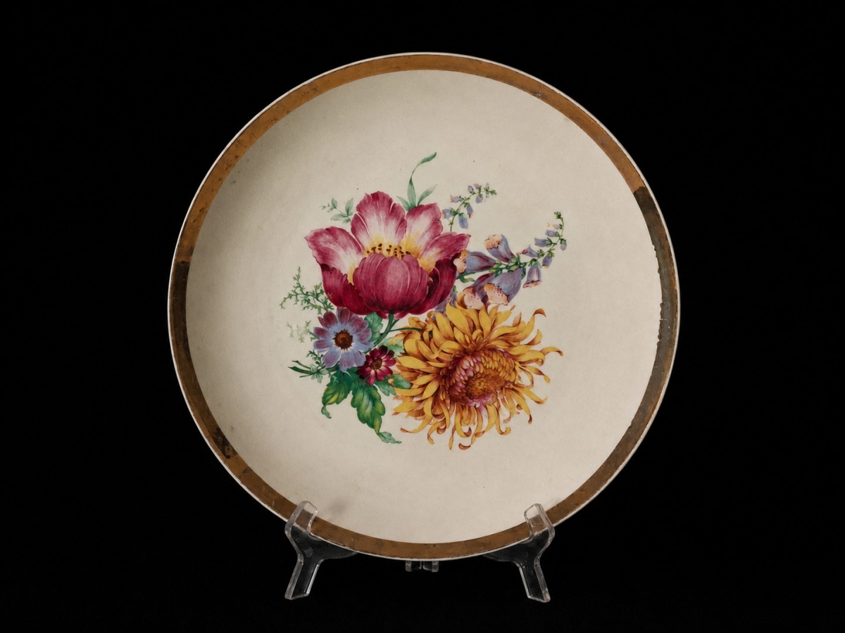 SCHUMANN – Magnífico centro de mesa alemão em porcelana Schumann, com borda de farta douração e belo motivo floral no centro. 30cm.