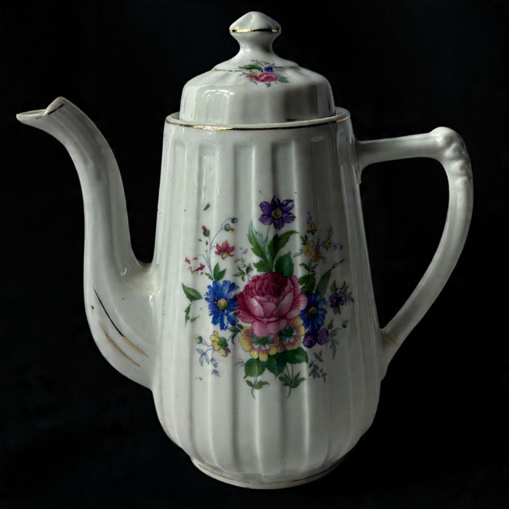 Bule produzido em porcelana, com corpo em gomos , decorado com ornamentações florais em rica policromia, bico com pequeno lascado, maior comprimento:16cm.