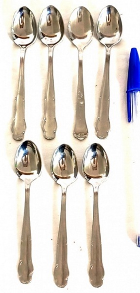 Gelodur, conjunto com 7 colheres para café, produzidas em aço inoxidável, da marca Hercules Inox, maior comprimento 12cm, década de 60, sem uso.