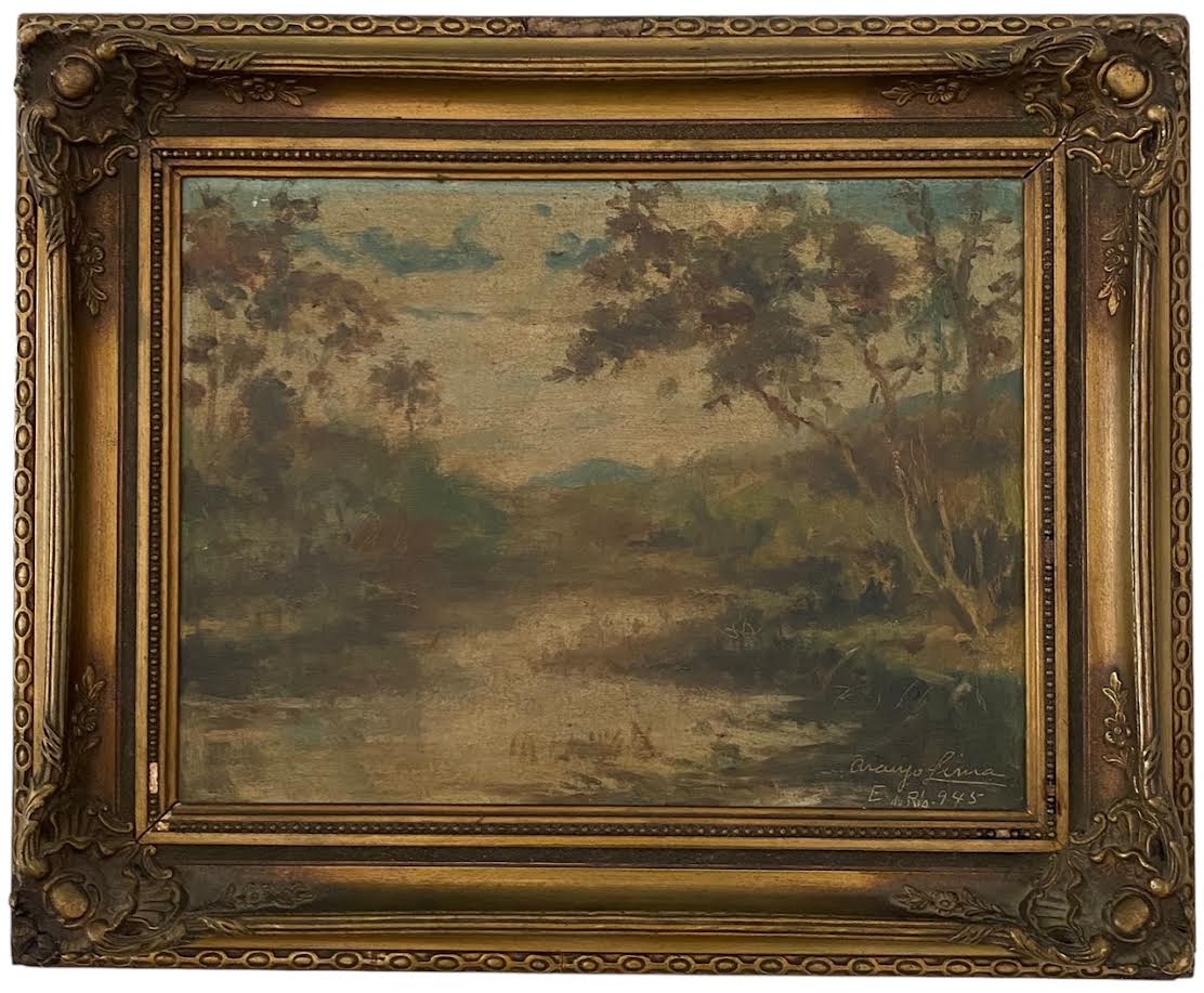 ARAUJO LIMA (Portugal, 1883 - Rio de Janeiro, 1958) - Obra em óleo sobre tela representando "Paisagem Campestre", assinada no canto inferior direito, datada 1945, localizada Rio de Janeiro, protegida por moldura ...