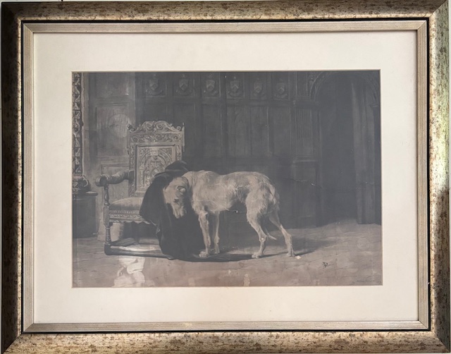 Briton Rivière, 1869  Obra emblemática de Briton Rivière (1869), artista britânico célebre por suas composições envolvendo animais carregados de expressão e atmosfera narrativa. A cena apresenta um cão diante de uma ...