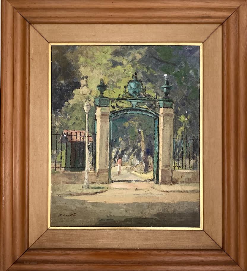 ANTENOR FINATTI (São Paulo 1923) - Obra em óleo sobre tela "paisagem com portão e figura humana", assinada no canto inferior esquerdo, proteção de moldura de madeira e paspatur de linho. Medida da obra 40 x ...