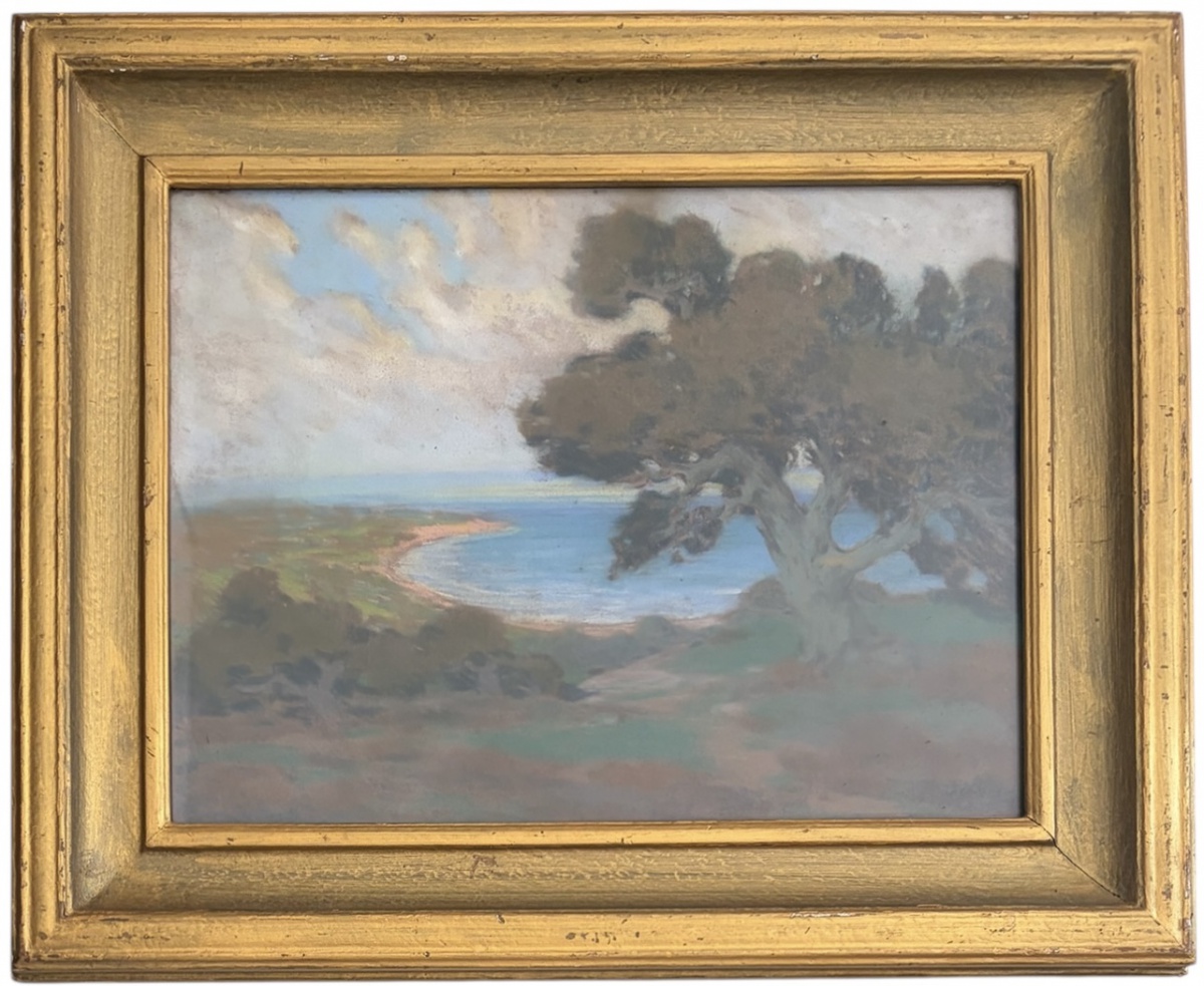 ESCOLA EUROPEIA - Obra em aquarela sobre cartao representando paisagem litorânea com árvore em primeiro plano e vista do mar ao fundo. Paleta suave, atmosfera serena e pincelada delicada, típica de pintura paisagística ...