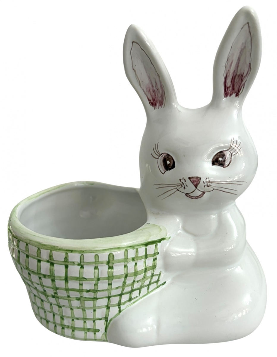 Floreira em porcelana esmaltada em forma de coelho, decoração policromada, peça decorativa. Mede 14 x 15 cm.