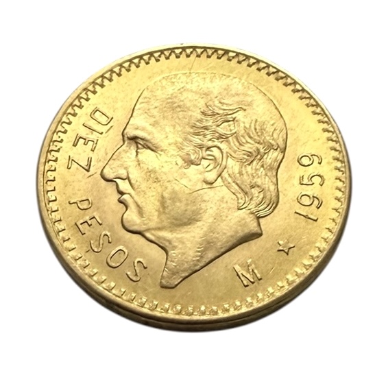 MÉXICO 1959 - Moeda em ouro, modelo 10 Pesos Mexicanos, com efígie de José María Morelos e brasão nacional do México no reverso. Peça datada de 1959, cunhagem da Casa da Moeda do México.Peso: 8,7 g. Este item não se ...