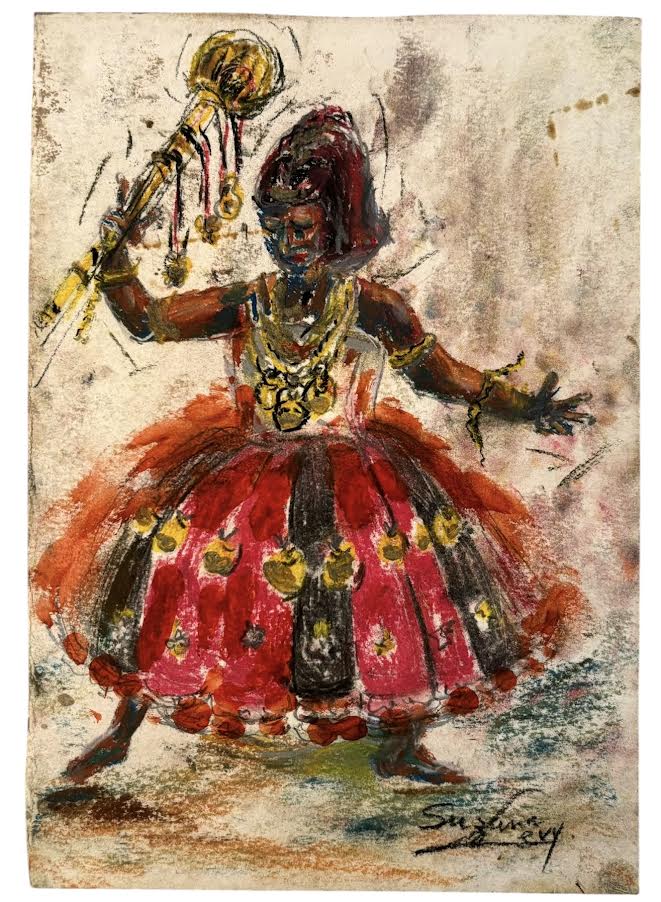 SUZANA LEVY (Rio 1937 / idem 2023) - Obra em técnica mista sobre papel cartão representando figura afro-brasileira em dança ritualística, com vestimenta vibrante em tons de vermelho, preto e amarelo, adornada por ...